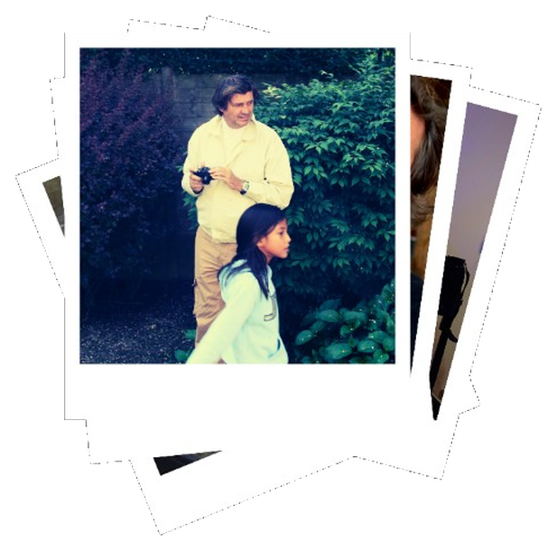 Flore as a child with her father holding a camera, Bangkok